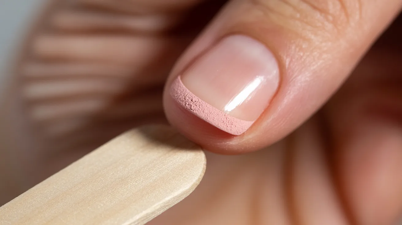 Close-up of a person's fingernail being gently buffed with a wooden nail file. The nail is clean, with a smooth, pinkish tip, suggesting a sense of care and grooming.