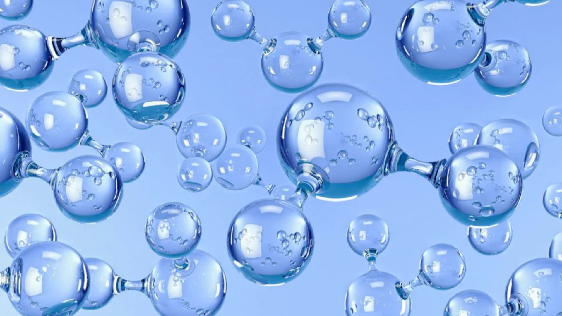 Blue hydrogen molecules connected in a transparent arrangement against a lighter blue background, conveying a sense of clarity and scientific innovation.