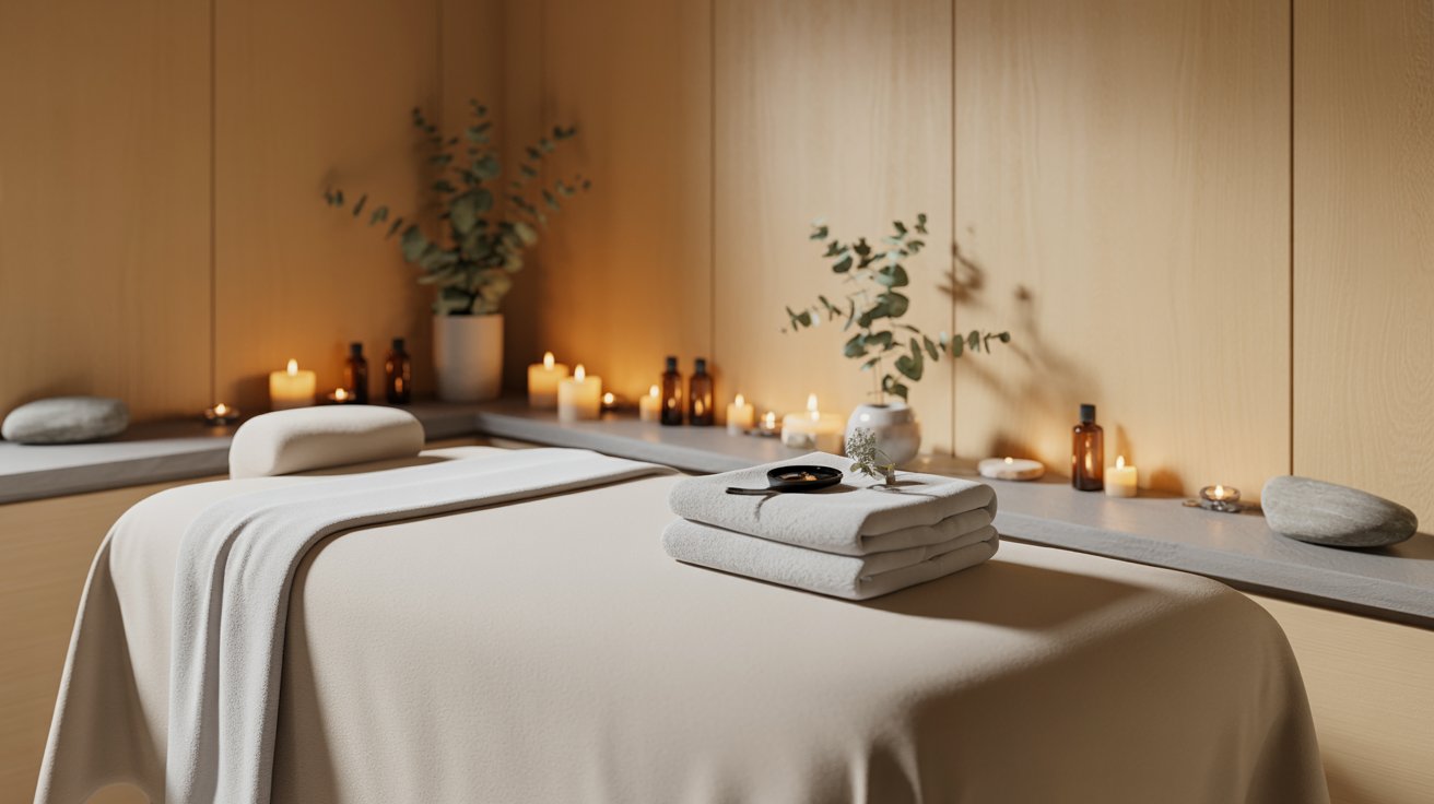 A serene spa room with a massage table covered in beige fabric, stacked towels, candles, and eucalyptus in vases, creating a calming ambiance.