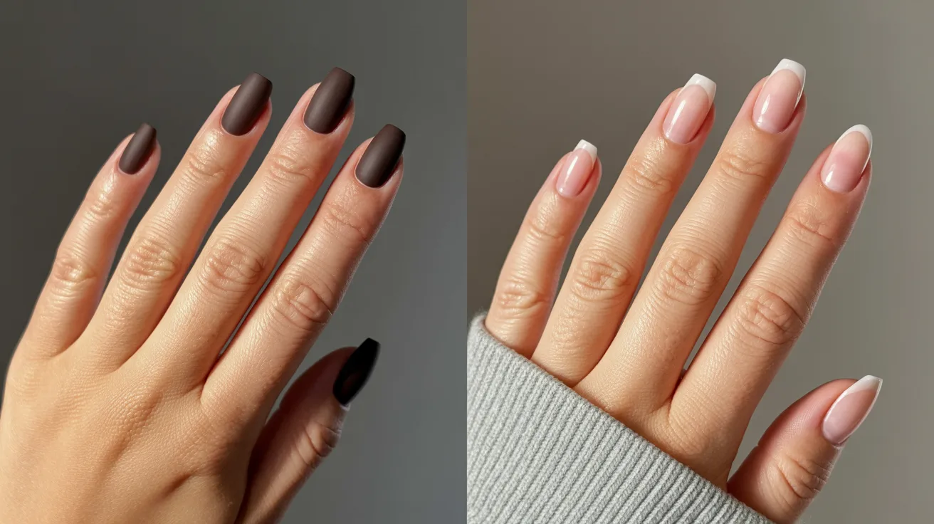 Left image shows a hand with matte brown square nails against a gray background. Right image displays a hand with glossy French manicure wearing a gray sleeve.