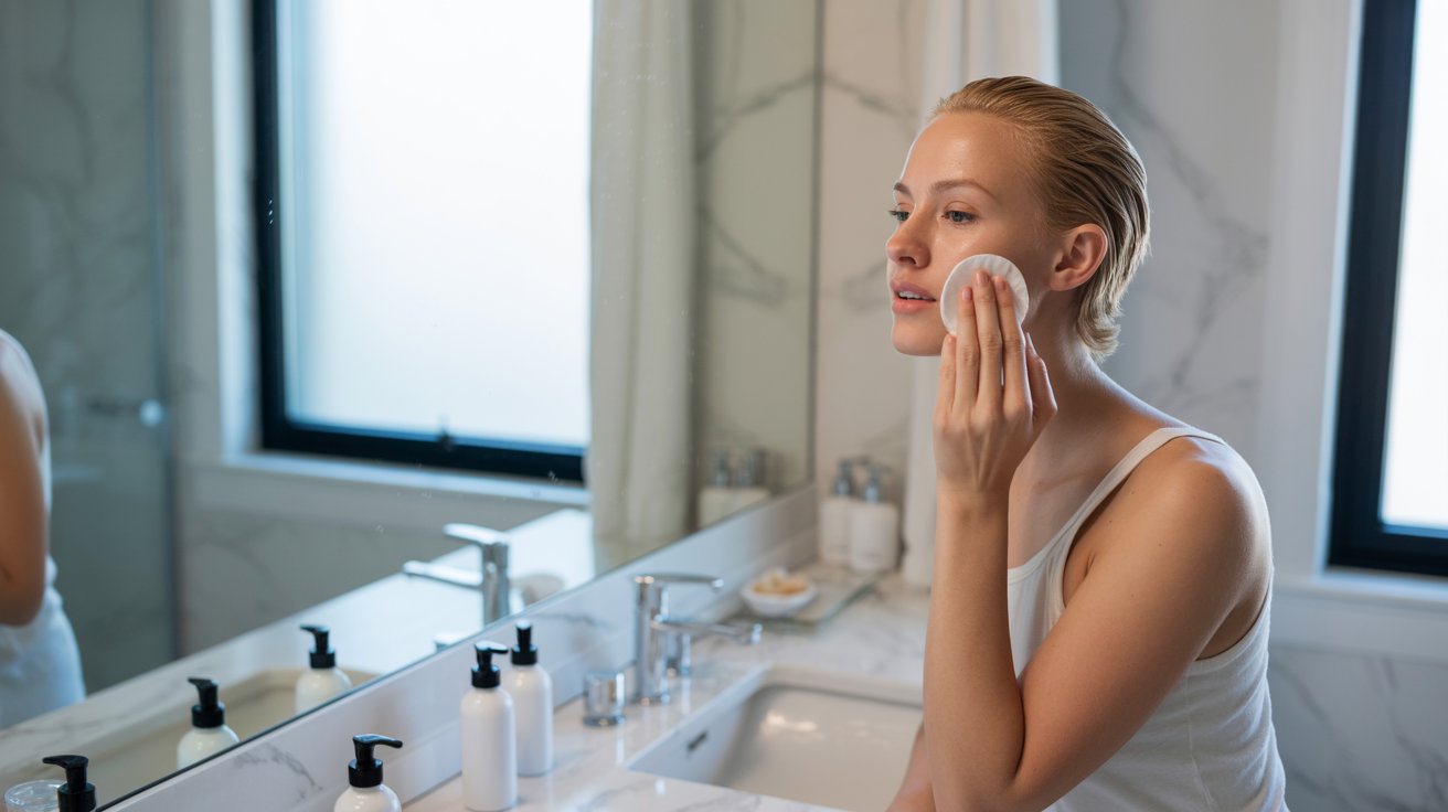 A woman with short hair in a white tank top uses a cotton pad on her face while looking in the bathroom mirror, creating a calm and focused mood.