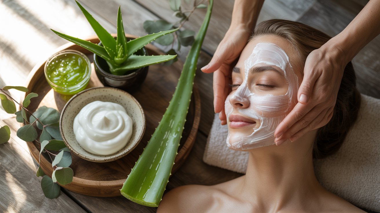 A woman with a serene expression enjoys a facial treatment with cream and an aloe vera plant nearby. The scene conveys relaxation and rejuvenation.