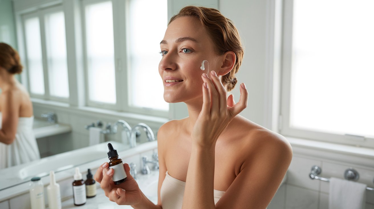 A woman applying facial cream in a bright bathroom. She holds a skincare bottle, smiling softly, suggesting a calm, self-care routine.
