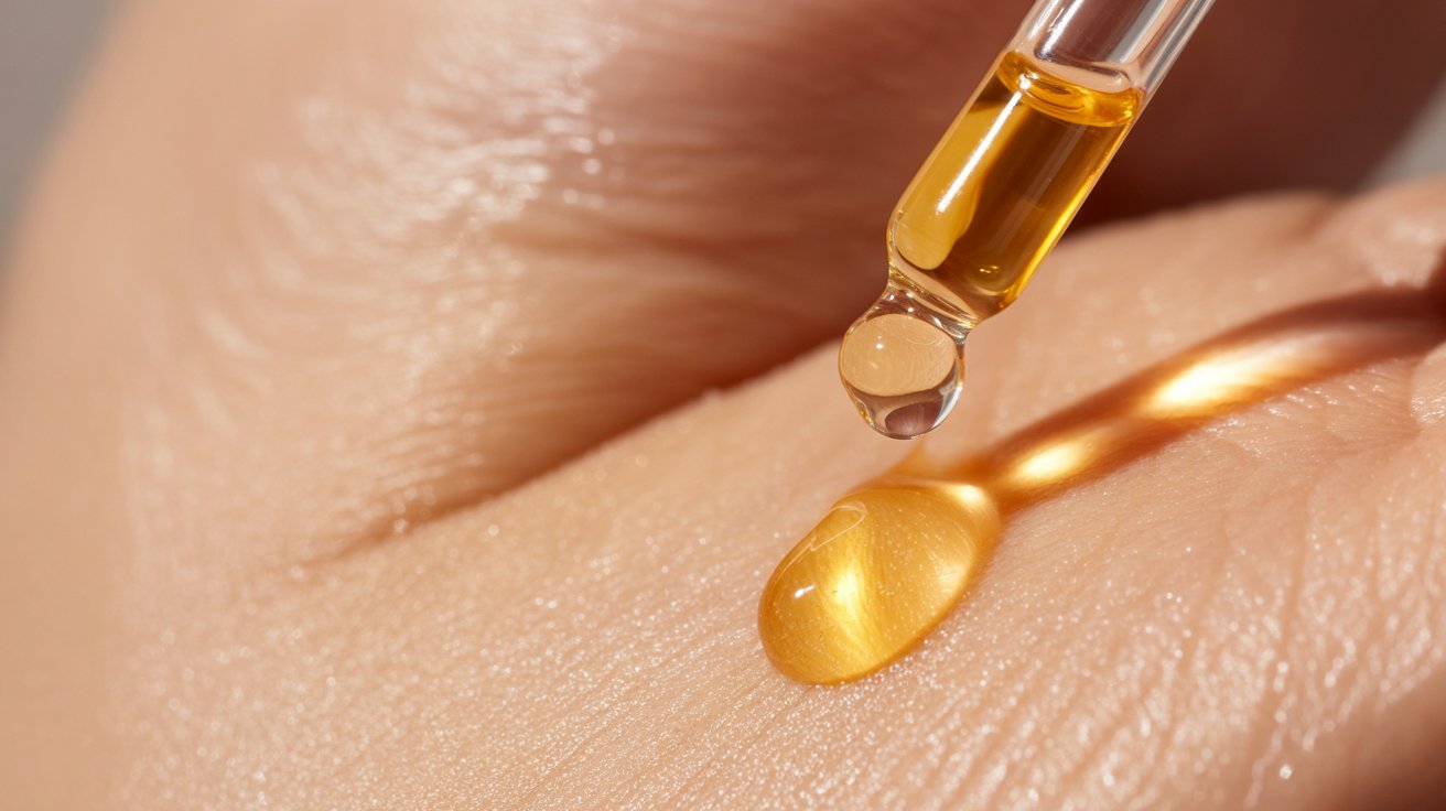 A dropper releases golden oil onto smooth skin, reflecting light and suggesting hydration and skincare. The close-up is calm and soothing.
