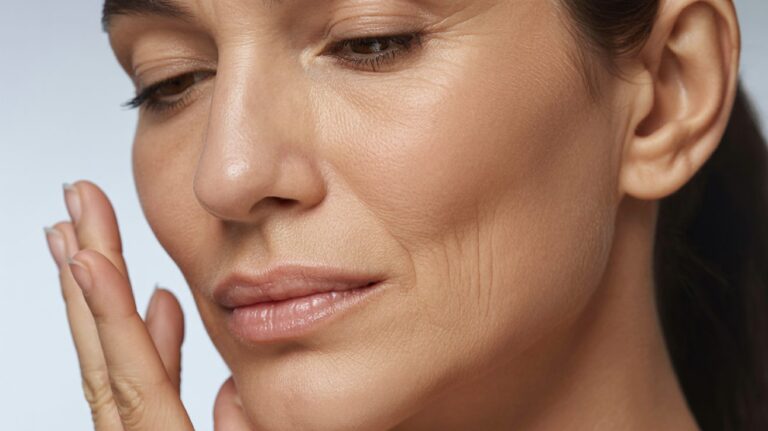Close-up of a woman gently touching her cheek, highlighting smooth skin and subtle wrinkles. Her expression is calm and thoughtful, with a serene tone.