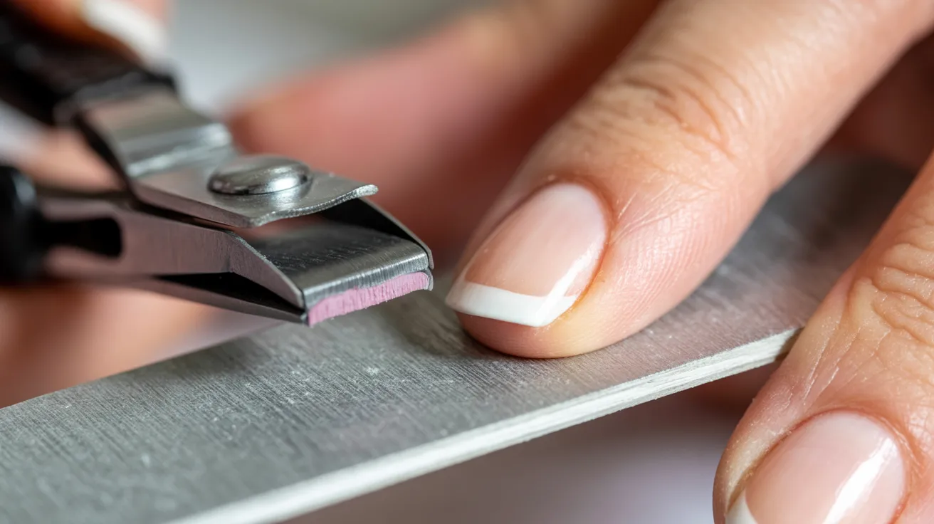 Close-up of a person using a silver nail file to shape a fingernail with a French manicure. Nearby, a cuticle nipper rests on the other hand.