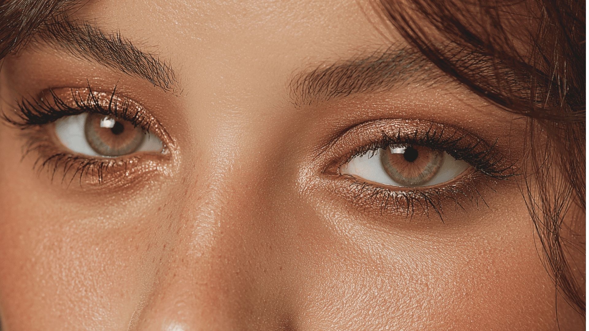 Close-up of a woman's eyes with bronze eyeshadow and defined lashes, conveying a focused, confident gaze. Soft lighting highlights smooth skin texture.
