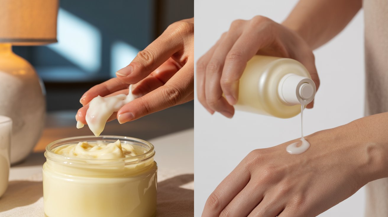 Close-up of hands applying skincare: Left shows fingers scooping cream from a jar, right shows lotion being poured onto a hand from a bottle. Warm, soothing lighting.