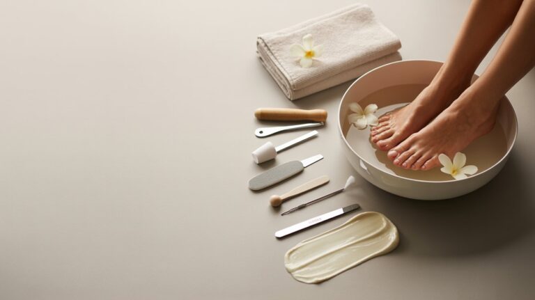 Feet soaking in a bowl with water and flowers, surrounded by pedicure tools and a towel, creating a serene spa-like ambiance.
