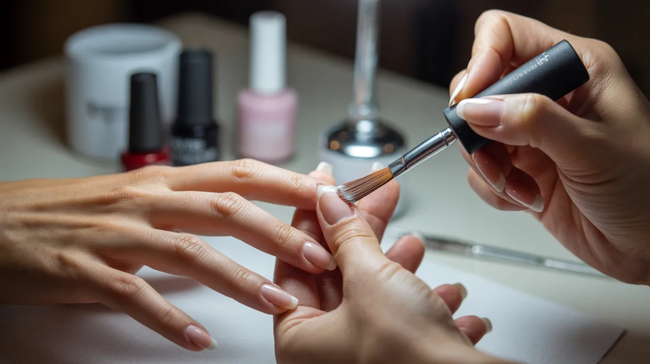 A manicurist applies nail polish with a brush to well-groomed fingers in a salon setting. Bottles of polish are blurred in the background, conveying a calm, focused atmosphere.