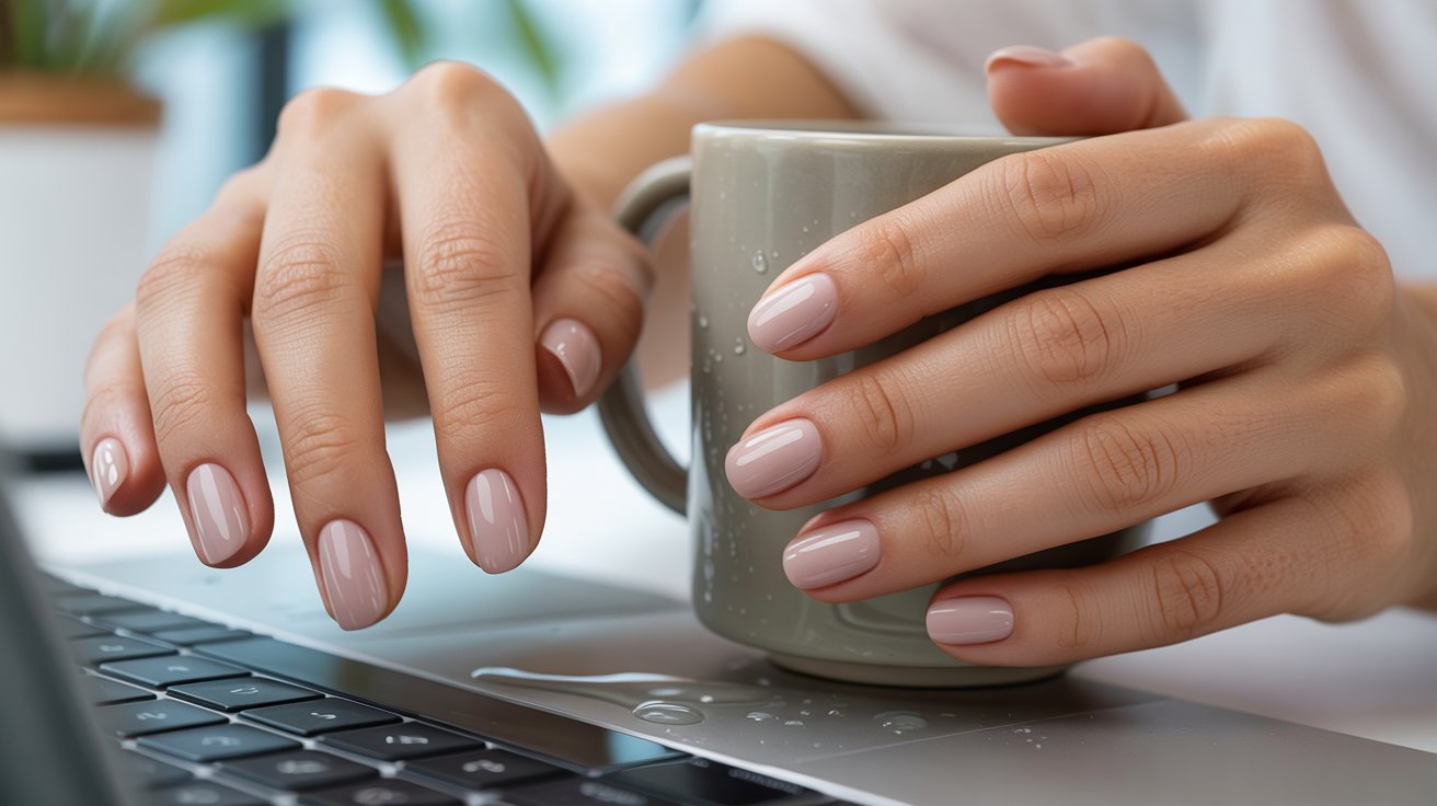 Close-up of hands with light pink nails holding a gray mug over a laptop. Water droplets on the keyboard suggest a spilled drink. The scene conveys a cozy but slightly messy vibe.