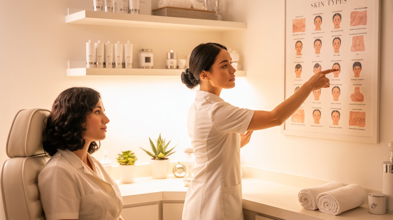 A skincare specialist discusses skin types with a seated client, pointing at a chart on the wall. The setting is a well-lit clinic, conveying a professional and calm atmosphere.
