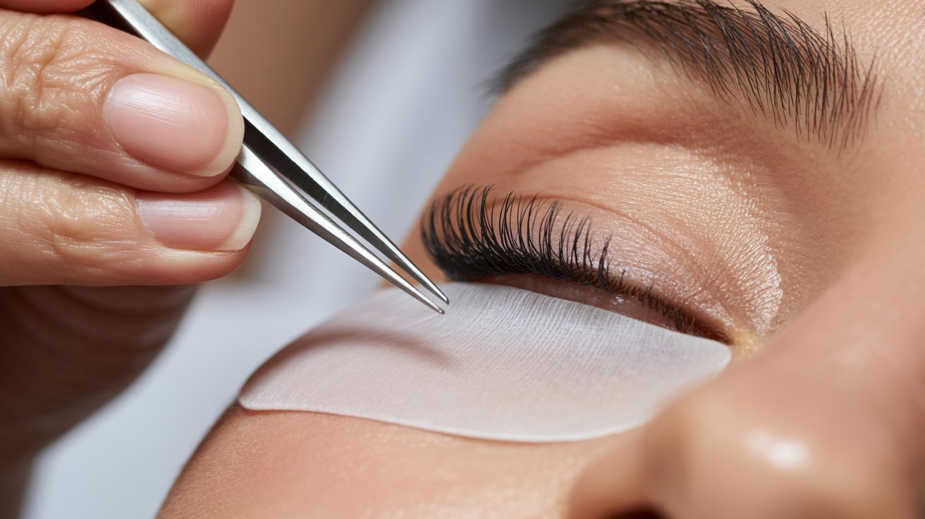 A close-up of a person's eye during an eyelash extension procedure. Tweezers apply lashes while a protective pad covers the lower lashes. The mood is calm and focused.