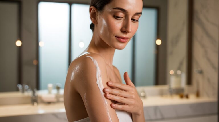 A woman in a bathroom gently applies lotion to her shoulder, with soft lighting creating a calm, self-care atmosphere.
