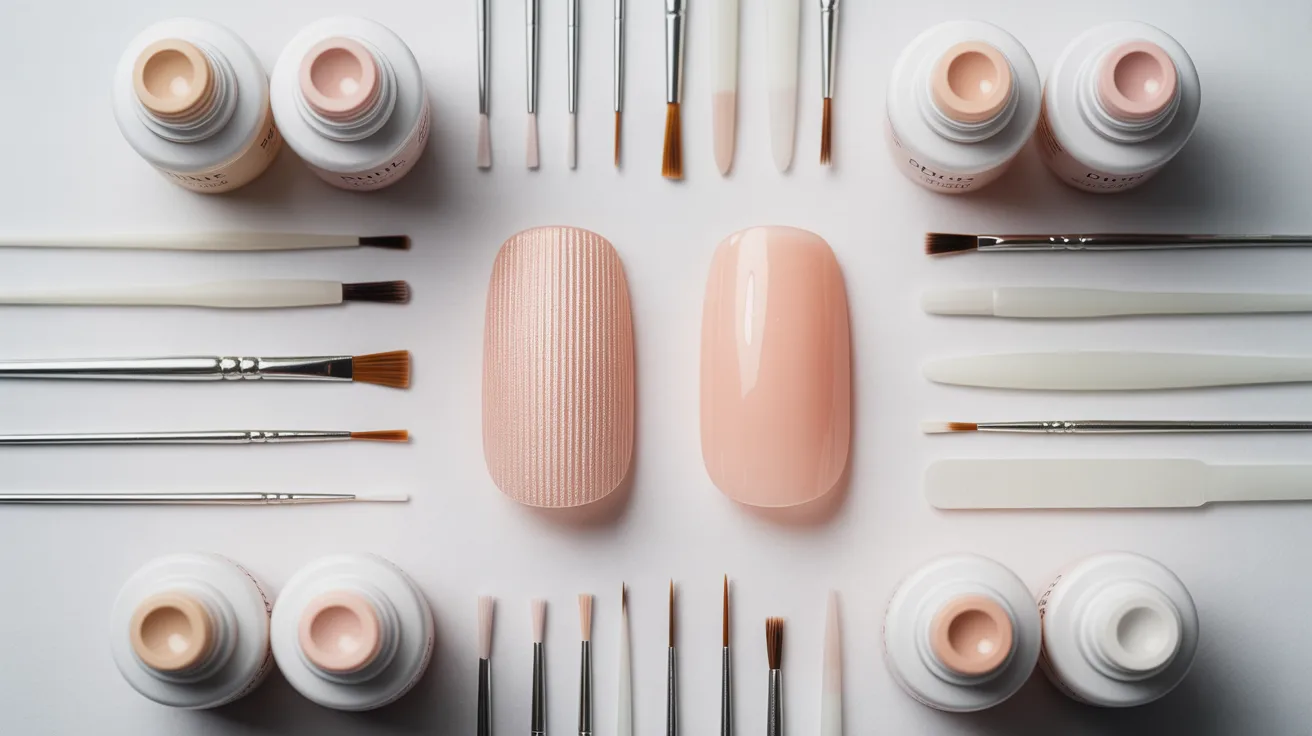 Neatly arranged nail art tools and bottles on a white background, featuring brushes, pink nails, and jars, creating a clean, organized, and elegant display.