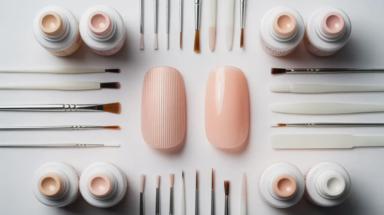 Neatly arranged nail art tools and bottles on a white background, featuring brushes, pink nails, and jars, creating a clean, organized, and elegant display.