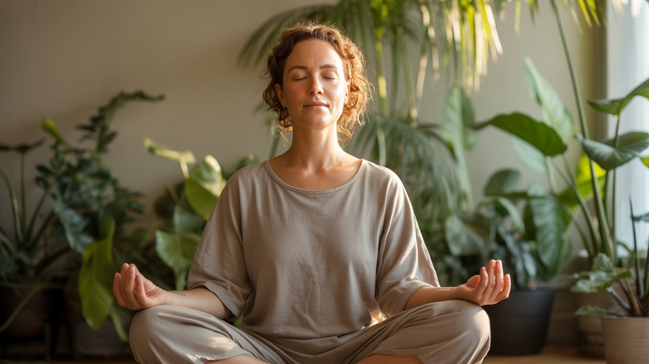 A woman sits cross-legged indoors, meditating with a calm expression. She's surrounded by lush green plants, creating a serene and peaceful atmosphere.