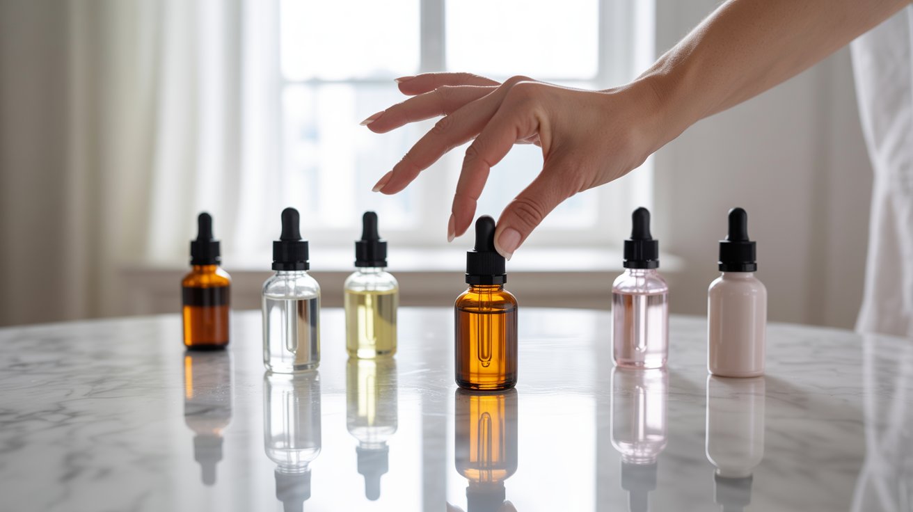 A hand reaches for one of six glass dropper bottles in varying colors on a marble table, set against a softly lit room, conveying a serene, spa-like atmosphere.