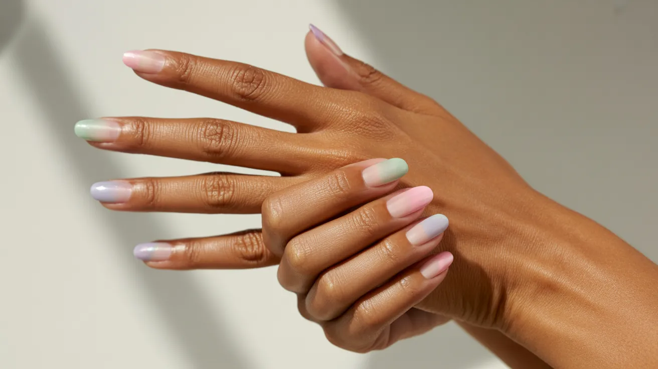 Hands with pastel ombre nails against a soft background. The nails are painted in shades of pink, green, and lavender, conveying elegance and style.