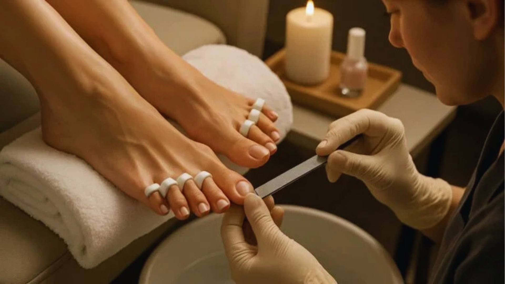 A person receives a pedicure in a spa, with soft lighting. Feet rest on a towel, toes separated by foam. A technician files nails near a lit candle.