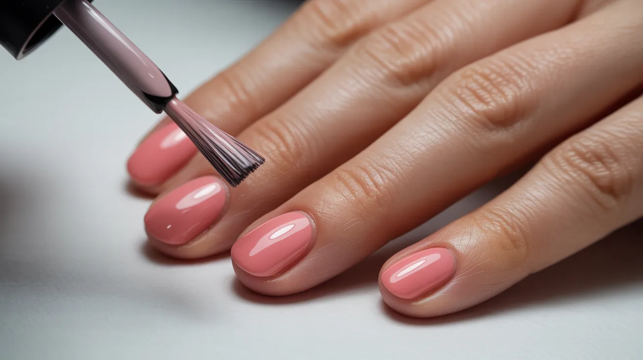 A close-up of a hand with neatly manicured nails being painted with glossy pink nail polish. The brush hovers over a polished nail, conveying elegance.