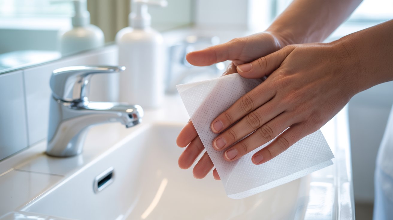 Hands drying with a white paper towel over a sink, faucet visible. The atmosphere is clean and serene, emphasizing hygiene and cleanliness.