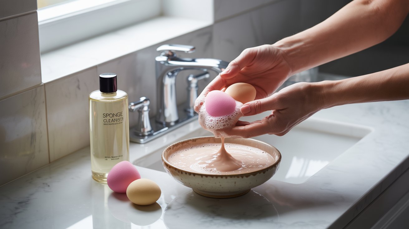 Hands cleaning a pink makeup sponge with soap suds over a bowl near a sink. A bottle labeled "Sponge Cleanser" and two more sponges sit on the counter.