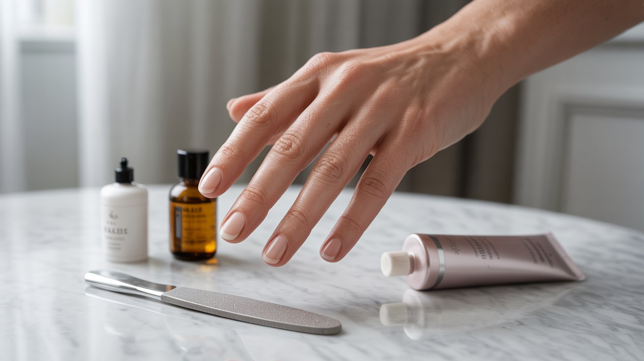 A hand with polished nails reaches over a marble table with nail care items: a file, two bottles, and a tube. The scene conveys self-care and elegance.