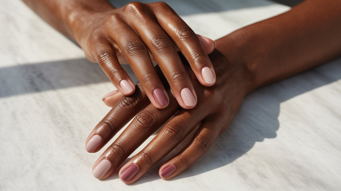 Close-up of well-groomed hands with a natural manicure, displayed on a light marble surface. The scene conveys elegance and simplicity.