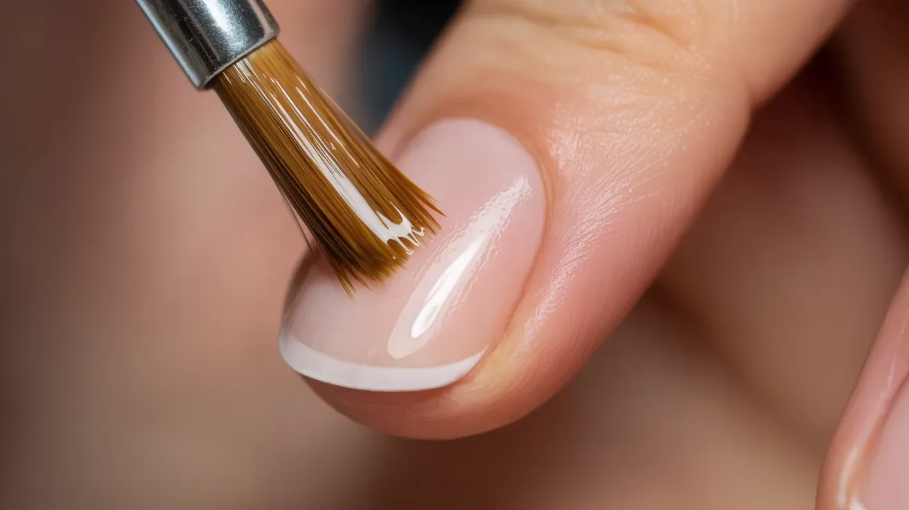 Close-up of a hand receiving a French manicure. A brush applies clear nail polish over a neatly shaped nail with a white tip, conveying precision and care.