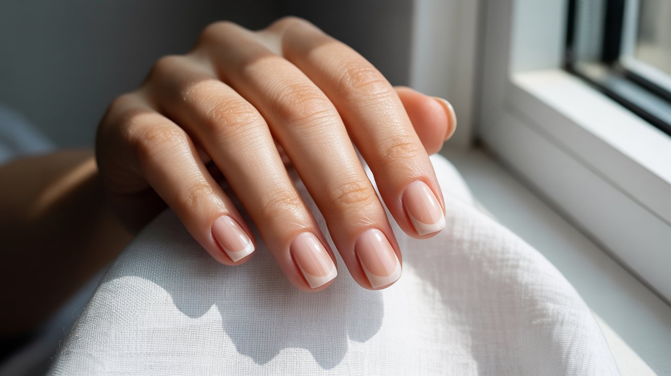 A hand with neatly manicured nails featuring a natural French tip rests gently on a white fabric near a sunlit window, conveying elegance and tranquility.
