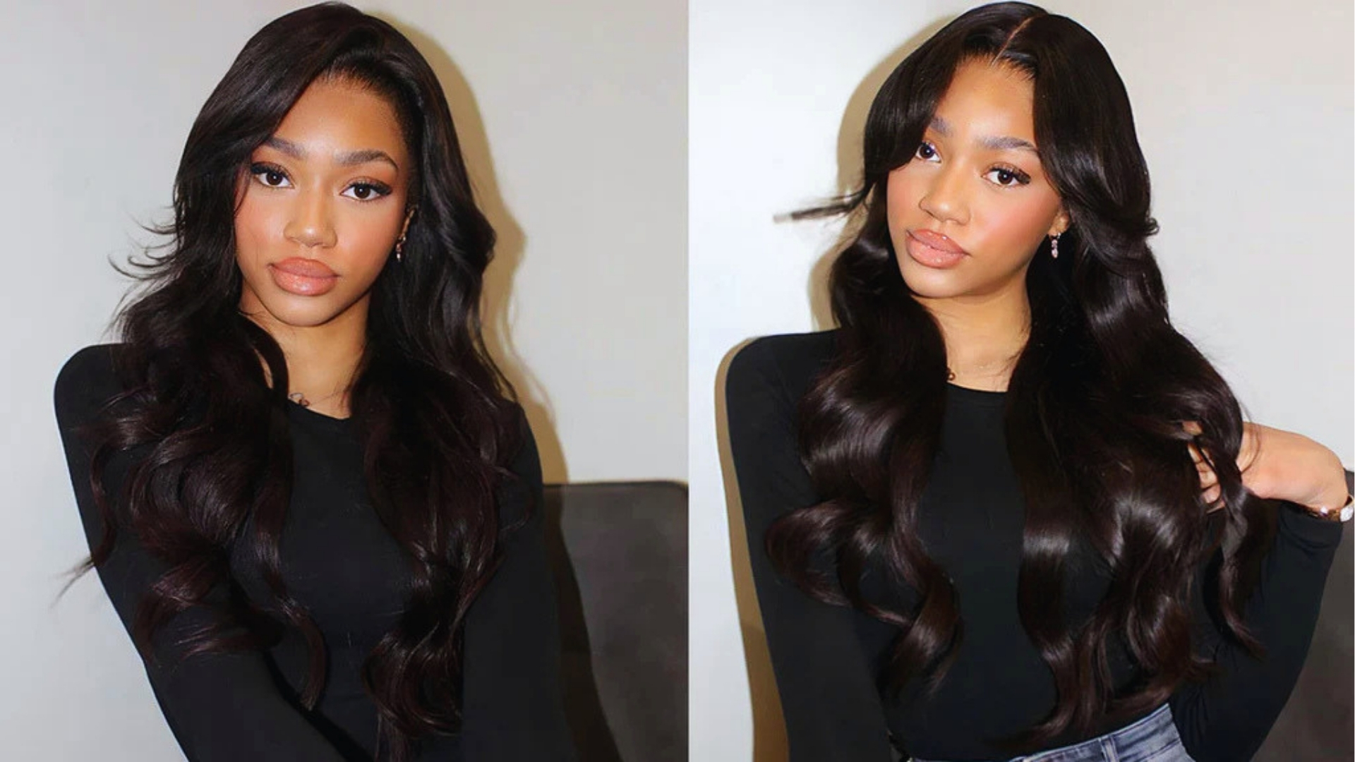 Two images of a woman with long, flowing, dark hair and a confident expression, wearing a black top. Her pose is relaxed and stylish.