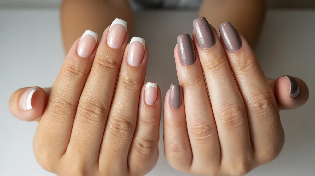 Hands with a French manicure on the left, featuring nude nails with white tips, and taupe-colored nails on the right, showcased on a white background.