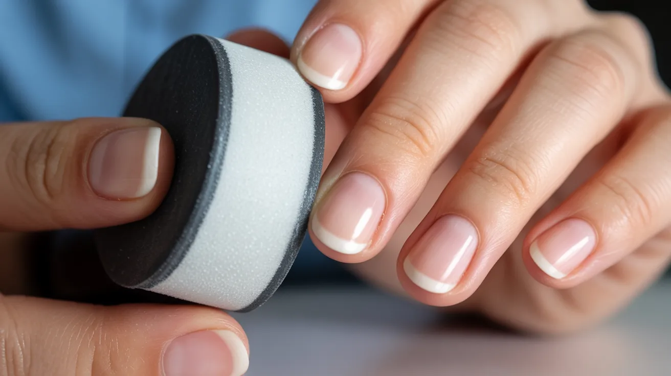 Close-up of well-manicured hands with natural, glossy nails holding a nail buffer. The scene conveys a sense of self-care and grooming.