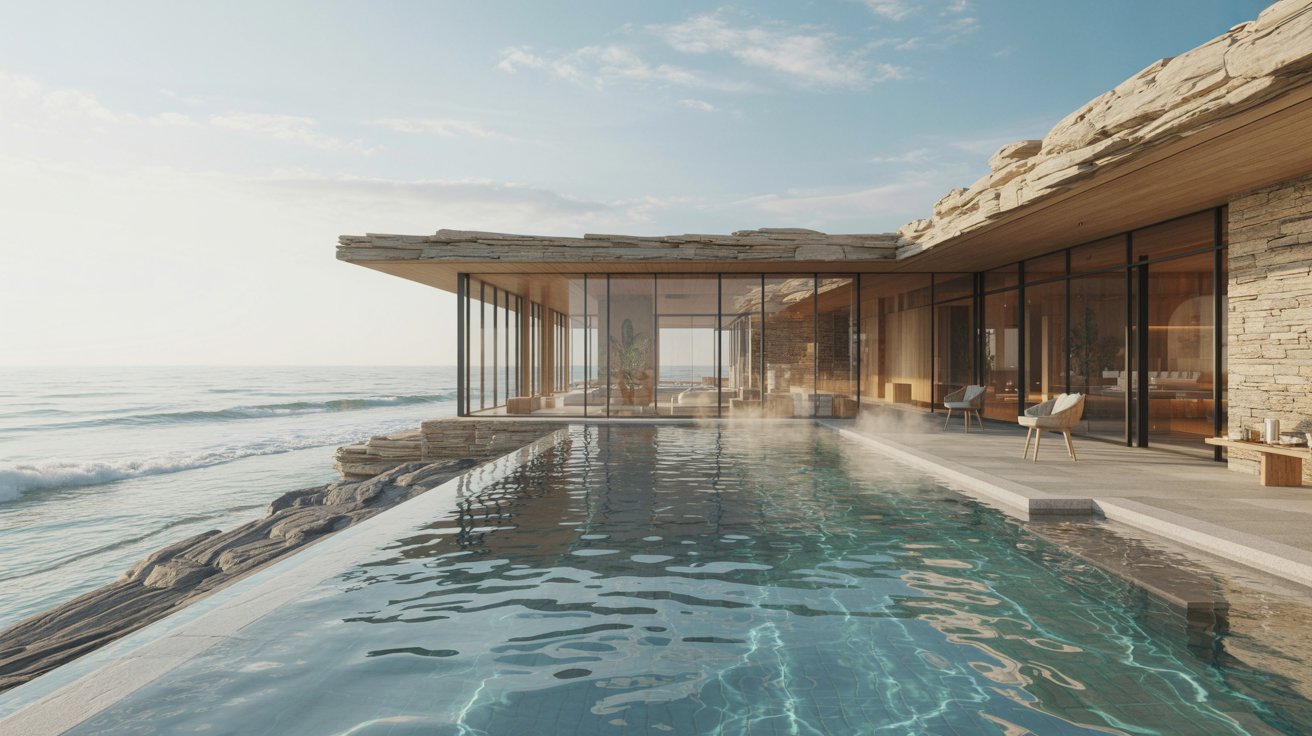 Modern seaside home with expansive glass walls and rock accents overlooking an infinity pool. The scene conveys tranquility and luxury.
