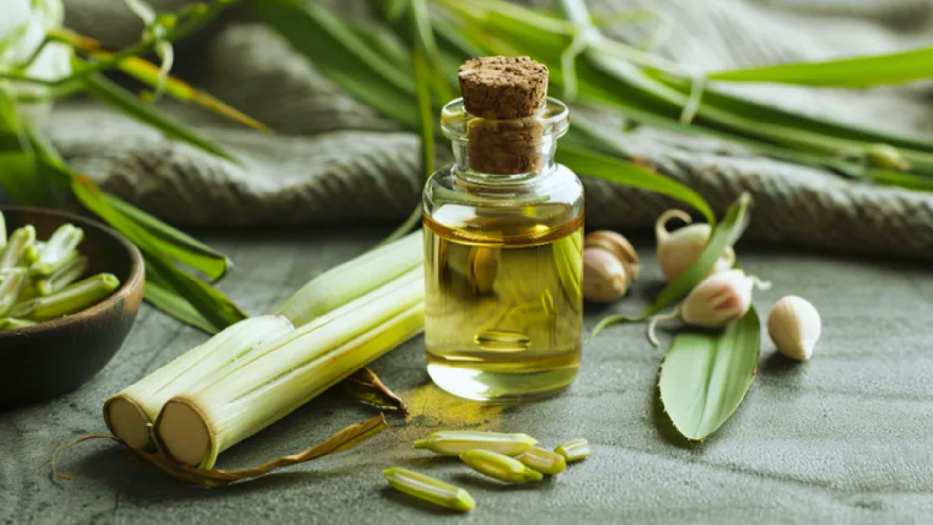 A glass bottle with a cork stopper contains lemongrass oil, surrounded by fresh lemongrass stalks and leaves on a textured gray surface. The scene conveys a refreshing, natural fragrance.
