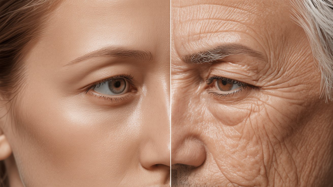 Split image of a young woman's smooth, wrinkle-free face on the left and an older man's wrinkled, aged face on the right, illustrating aging differences.