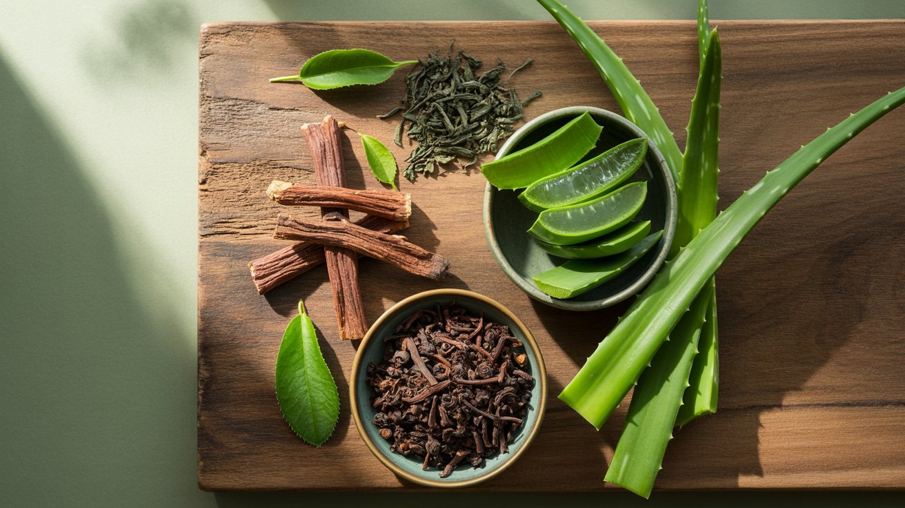 A wooden board with aloe vera leaves, dried licorice roots, a bowl of cloves, and loose tea leaves, arranged artistically with a natural, serene vibe.