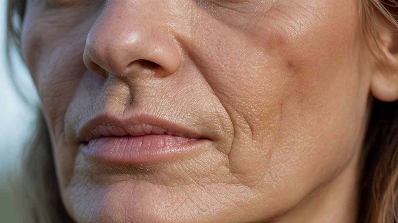 Close-up of a woman's face focusing on her mouth and cheeks, showing natural wrinkles and texture of skin. The lighting is soft, highlighting skin details.