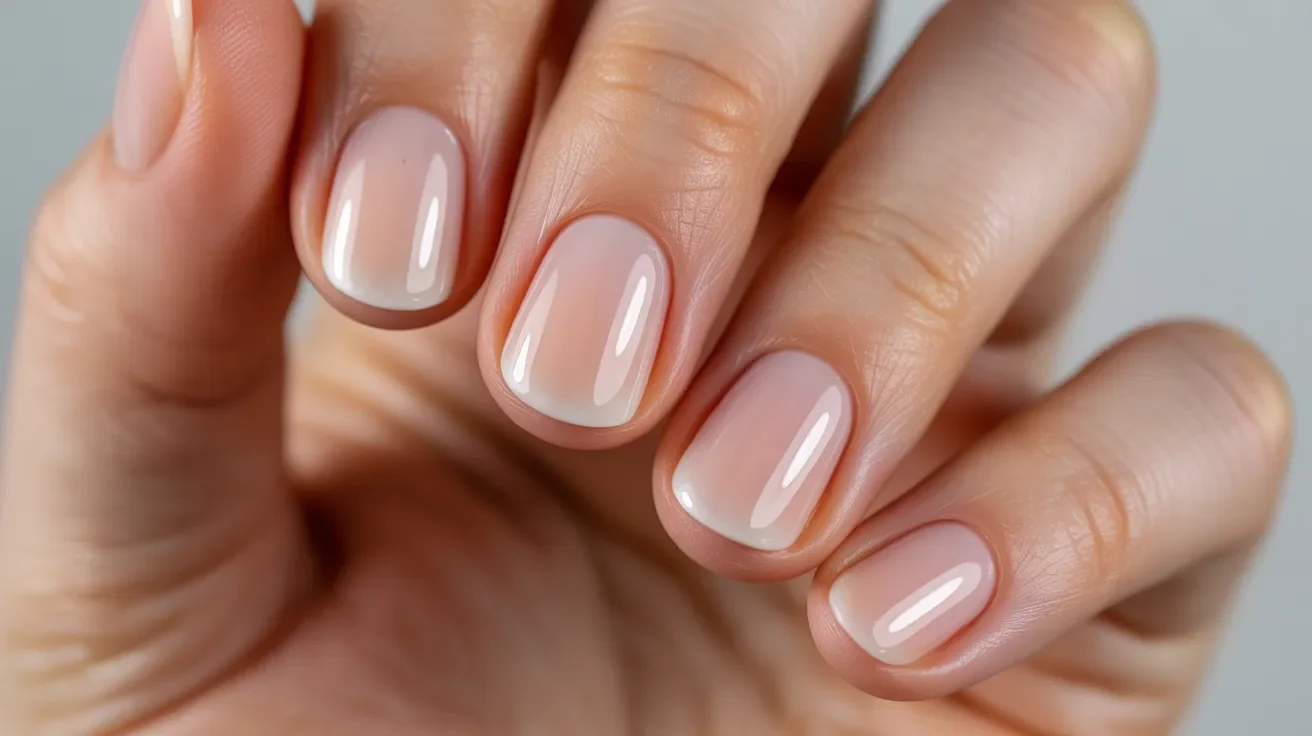 Close-up of a hand with short, neatly manicured nails painted in a glossy, nude pink shade. The smooth finish conveys a sense of elegance and care.
