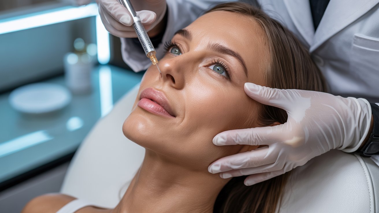 A woman receives a cosmetic injection in her nose from a gloved professional in a clinic, looking serene and relaxed. The setting is clean and clinical.