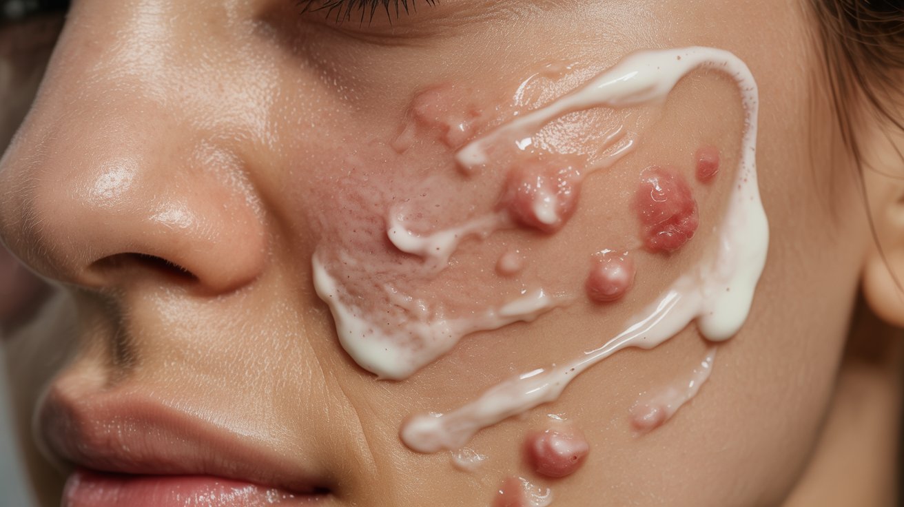 Close-up of a person's cheek with red acne blemishes, partially covered by a layer of white cream. The skin appears inflamed and glossy.