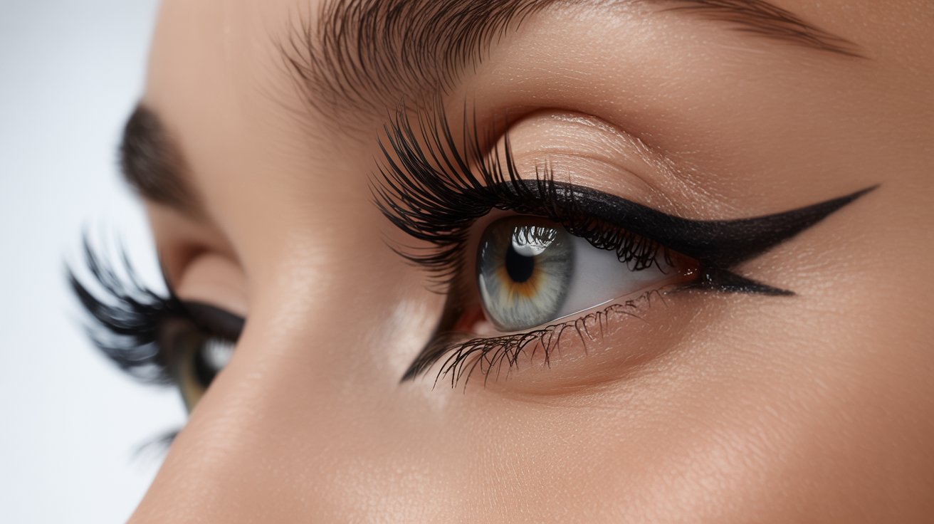Close-up of a person's eye with dramatic winged eyeliner and lush eyelashes. The eye is blue with a neutral eye shadow, creating a bold, stylish look.