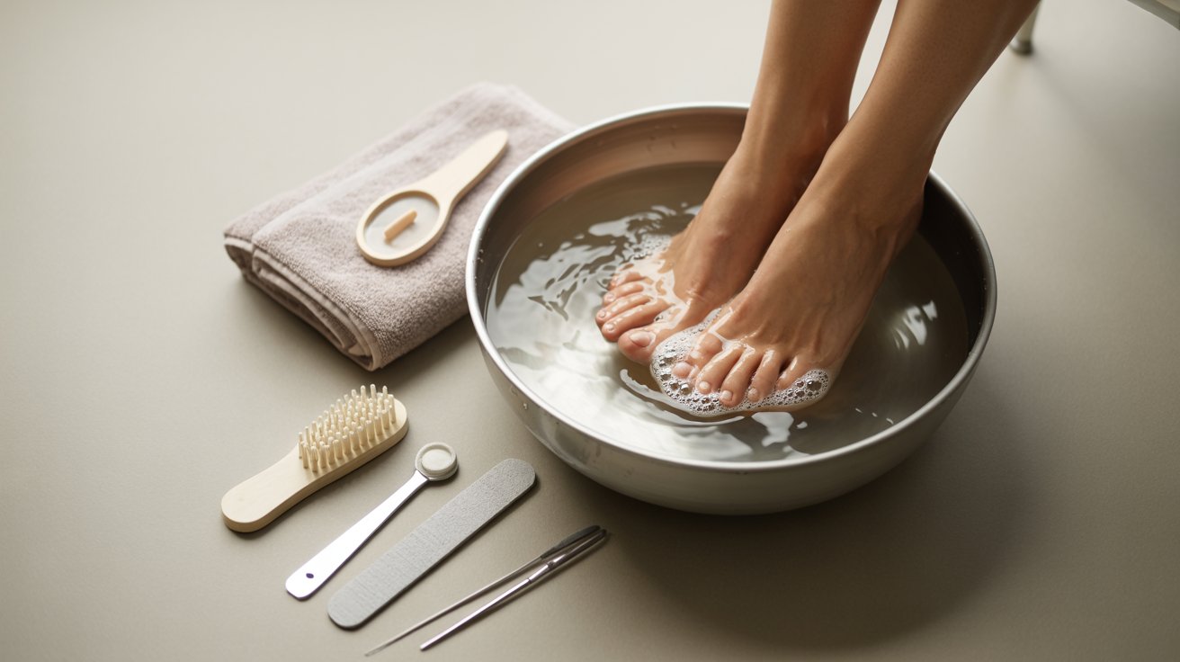 Feet soaking in a metal basin of water and soap, surrounded by pedicure tools on a towel. The scene conveys a calm, spa-like atmosphere.