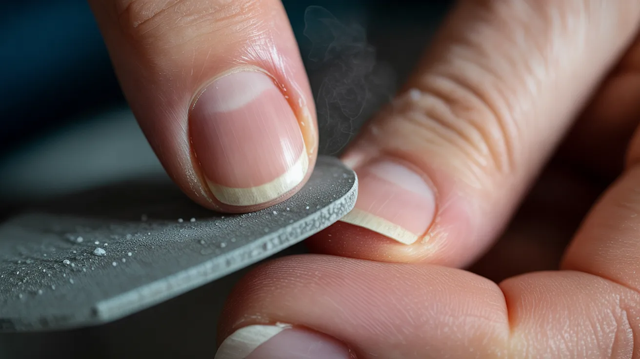 Close-up of a person's hand filing fingernails with a gritty nail file. Fingernails appear healthy and cared for, conveying a sense of grooming and cleanliness.