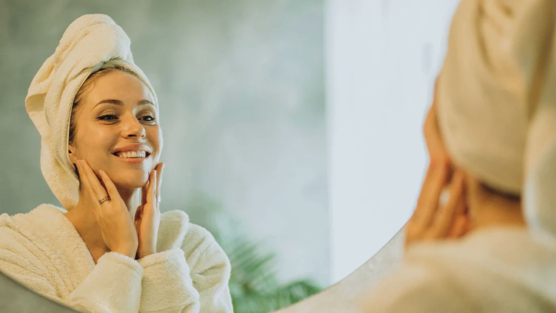 A woman with a towel wrapped around her head smiles at herself in the mirror, gently touching her face with both hands. She appears relaxed and happy.