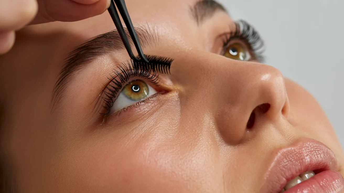 Close-up of a woman’s face as a hand applies false eyelashes with tweezers. Her eyes are bright and focused, conveying a sense of calm precision.
