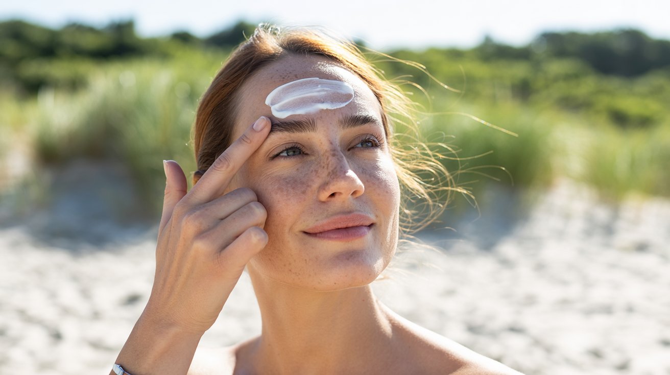 Woman applying sunscreen on her forehead at a sunny beach, surrounded by dunes and grass. She smiles contentedly, prioritizing skincare and sun protection.