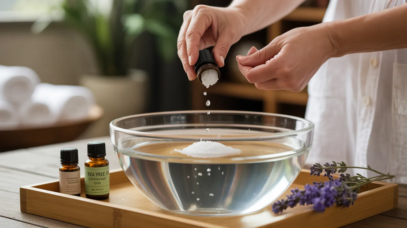 A person pours essential oil into a glass bowl of water on a wooden tray, next to oil bottles and lavender, creating a calming, spa-like setting.
