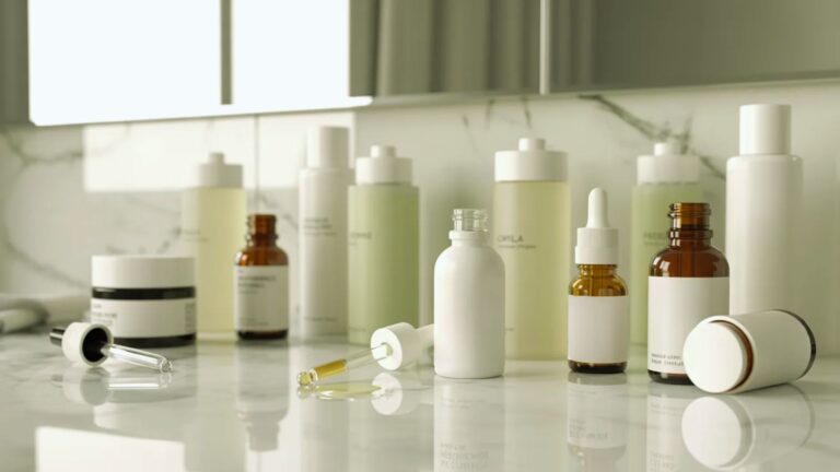 A collection of skincare bottles and jars on a marble countertop. Various shapes and sizes, with earthy tones, convey a serene and minimalist vibe.